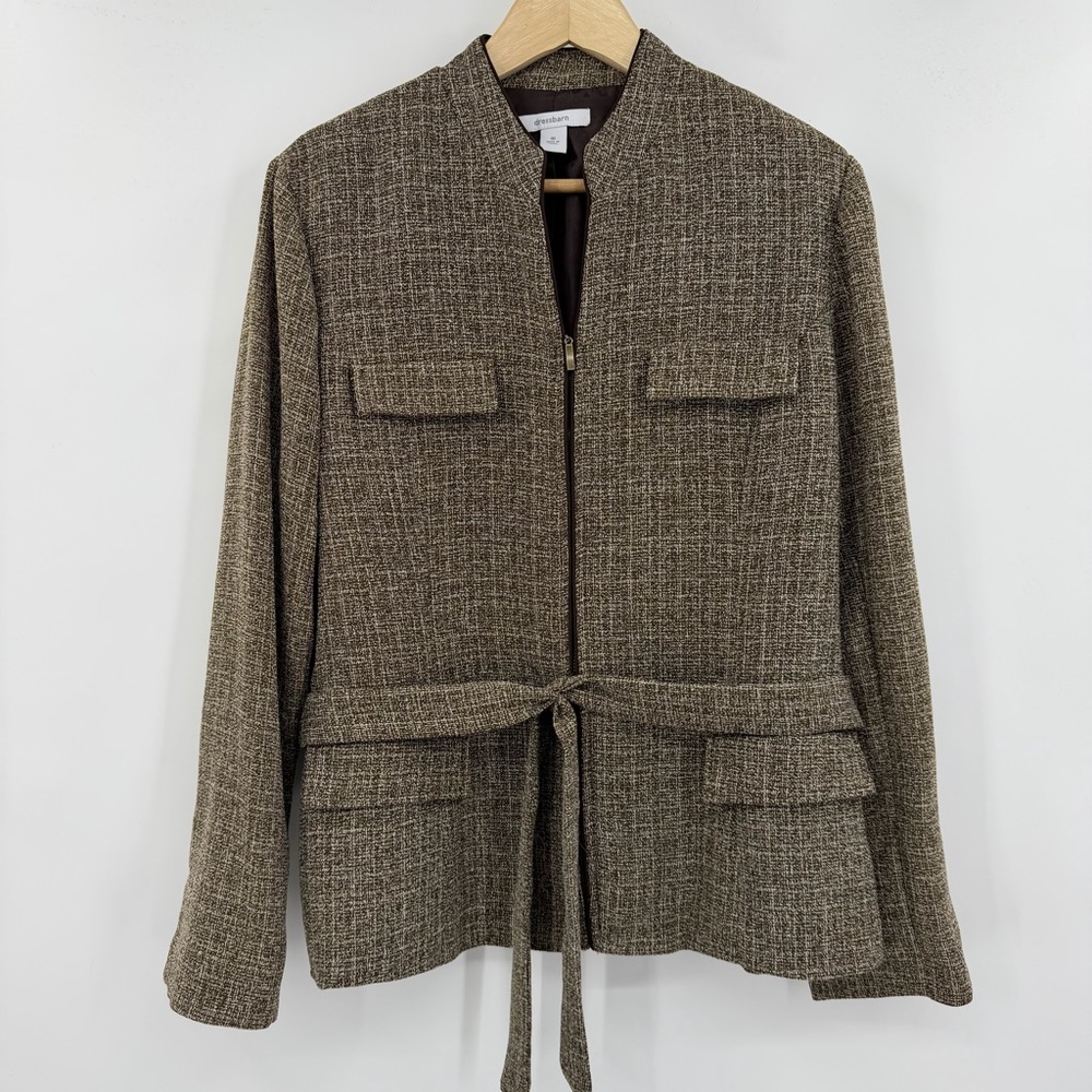 Dressbarn Brown Lightweight Textured Tweed Look 3/4th Zip Up Blazer Plus Size 16